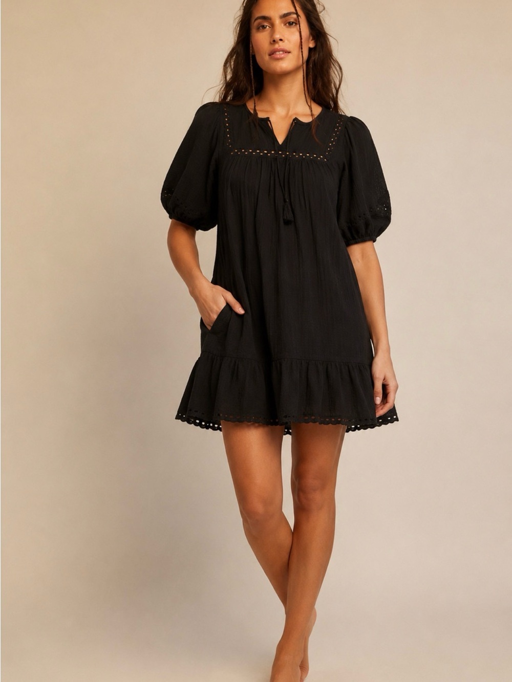 Old Navy Black Puff-Sleeve Mini Dress with Eyelet Details | Small Tall